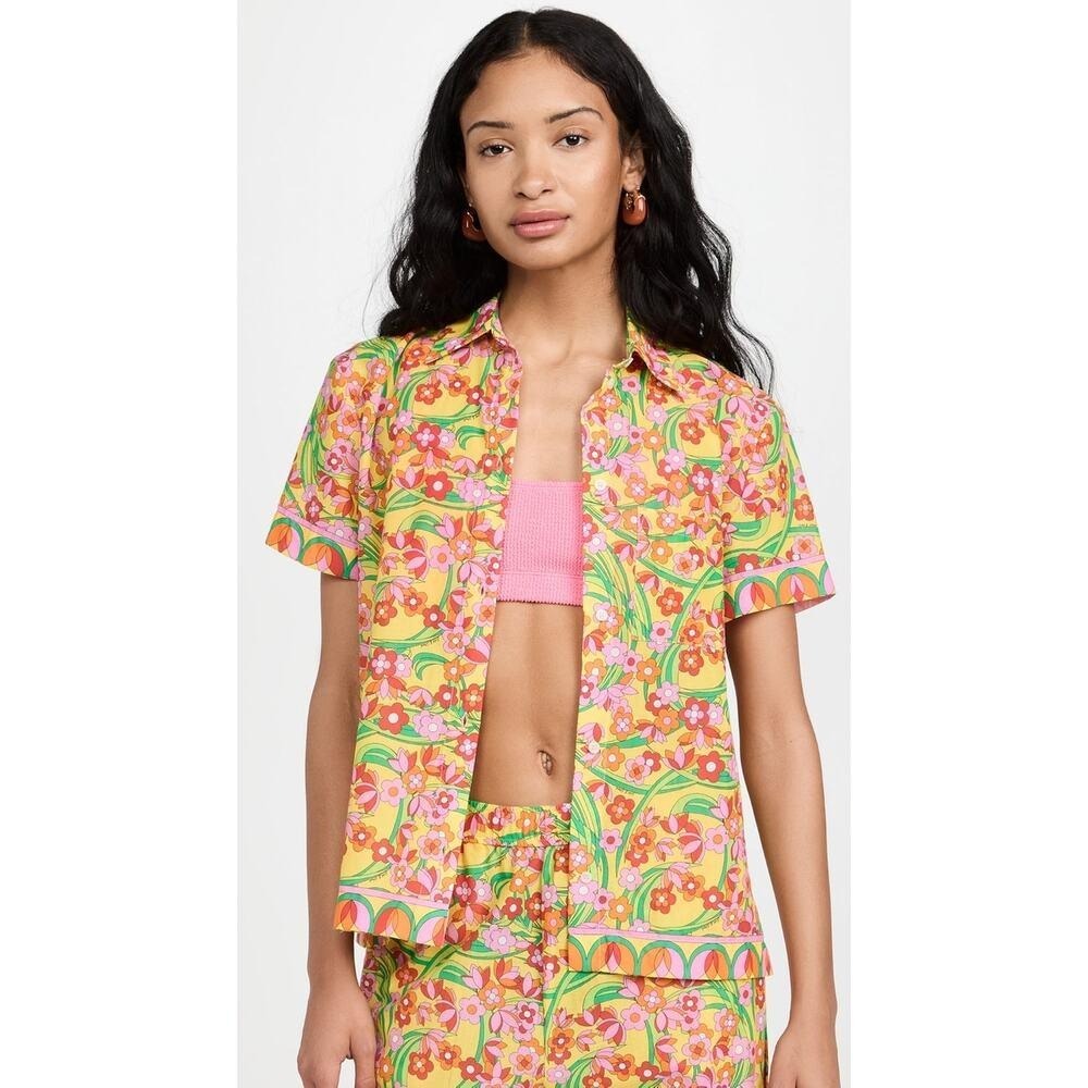 Solid Striped Top Women Large Yellow Pink Floral The Voile Cabana Short Sleeve